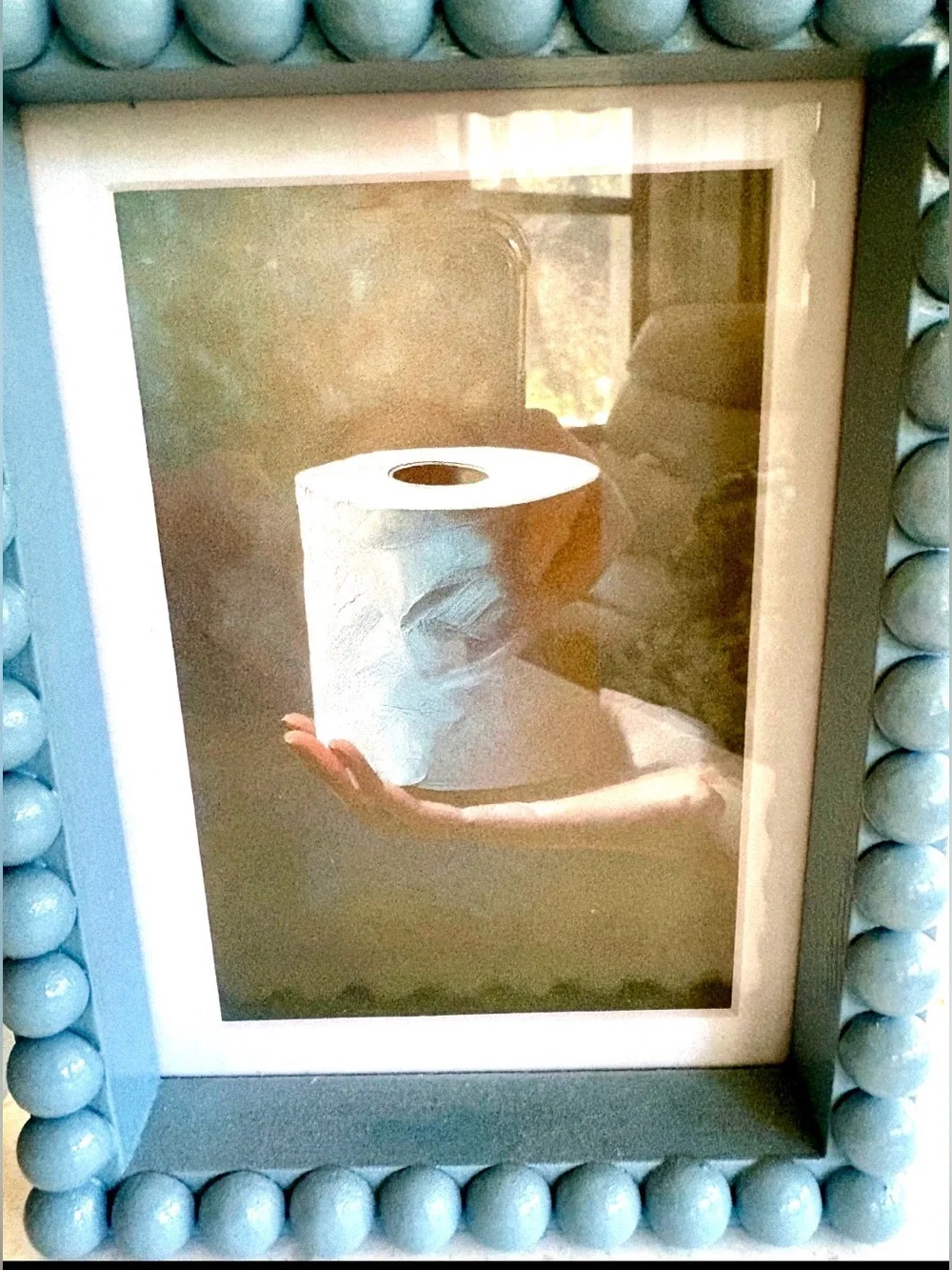 2 Beaded Light Blue 5x7 Photo Frames with Glass Funny Bath Art